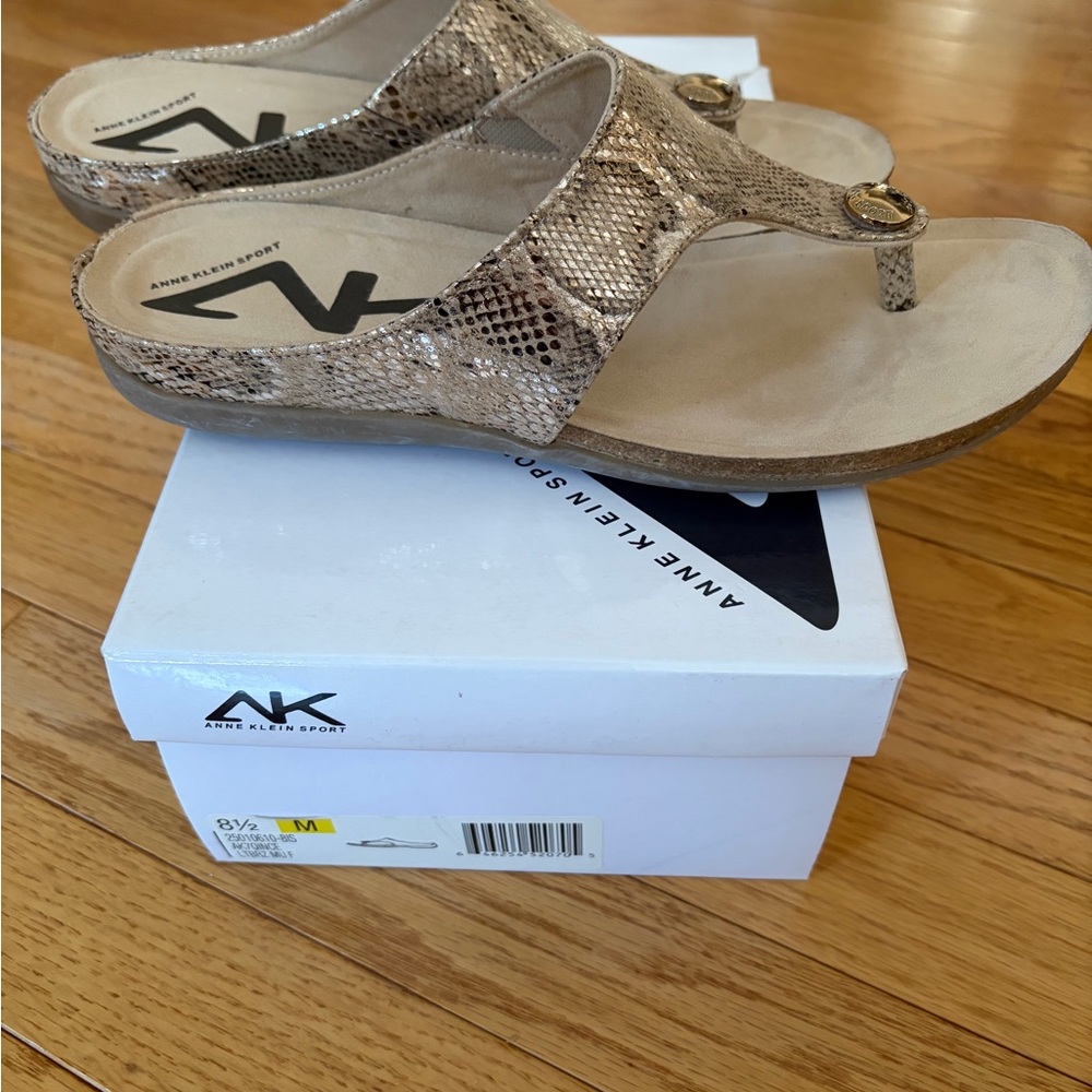 Anne Klein Sport Gold Snake-Print Thong Sandals
